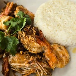 ผัดกระเทียมพริกไทยกุ้งราดข้าว