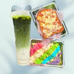 [เซตสุดฮิต] เฟรนช์ฟรายส์+ ชีสสายรุ้ง + ชาเขียวลาเต้นมสด ( เน้นนม ) + ปังชีสฉ่ำ หน้าปูอัด