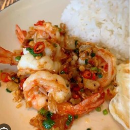 กุ้งคั่วพริกเกลือราดข้าว
