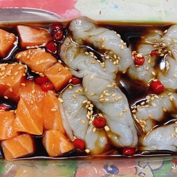 แซลม่อนหั่นเต๋าดอง100g.+กุ้งดอง5ตัว