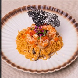 แองเจิ้ลแฮร์ครีมซอสไข่กุ้งกับหอยเซลล์และกุ้งย่าง