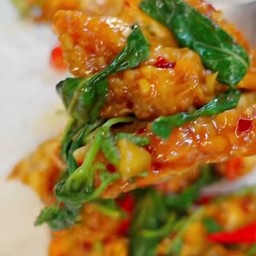 ไก่กรอบผัดกระเพรา ราดข้าว