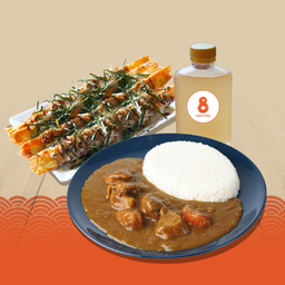 โปร : ข้าวแกงกะหรี่หมูตุ๋น + เกี๊ยวสติ๊กหน้าทาโกะยากิ 4 ชิ้น + น้ำบ๊วยเลม่อน 1 ขวด