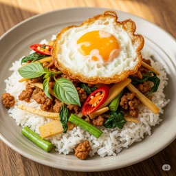 กระเพราหมูสับหน่อไม้ + ไข่ดาว