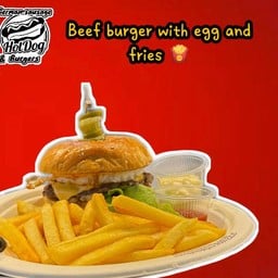 Cheese burger with egg and French fries