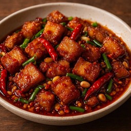 หมูกรอบผัดซอสหมาล่า (ราดข้าว)