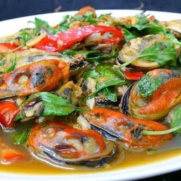 ผัดกระเพราหอยแมลงภู่ราดข้าว