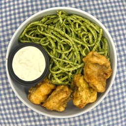 พาสต้าเพสโต้เนื้อปลากะพงทอด