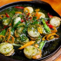 หอยเชลล์ผัดน้ำมันมะกอกซอสโหระพา