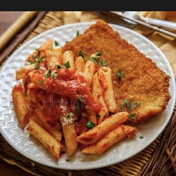 Penne napolitana chicken schnitzel