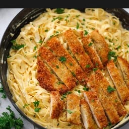 Spaghetti alfredo chicken schnitzel