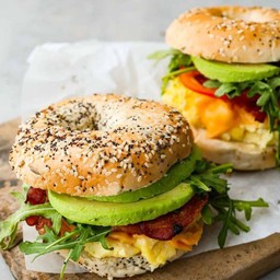 Pepperoni avocado scrambled bagel sandwich