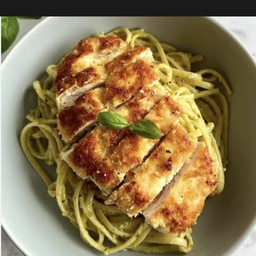 Creamy spaghetti pesto chicken schnitzel