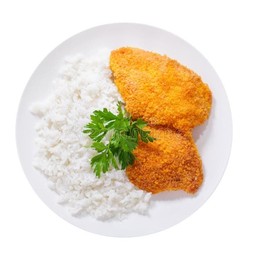 Chicken schnitzel with steamed rice