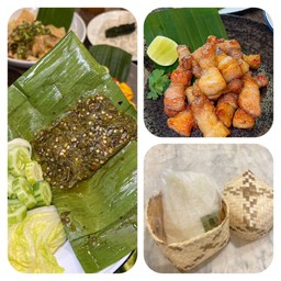 จิ้นเคี่ยวน้ำปลา+น้ำพริกหนุ่ม+ข้าวเหนียวห่อใบเตย