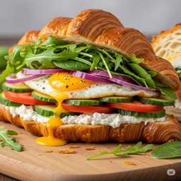 Fried egg cream cheese croissant sandwich