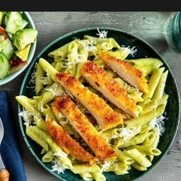 Penne pesto chicken schnitzel