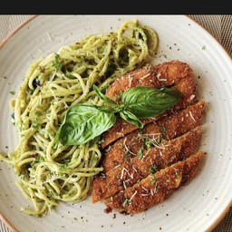 Spaghetti pesto chicken schnitzel