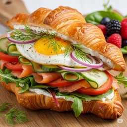 Smoke salmon cream cheese fried egg croissant