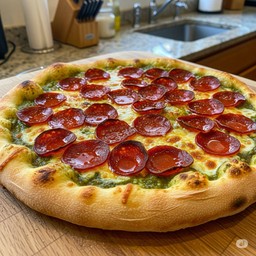 Pepperoni pesto pizza