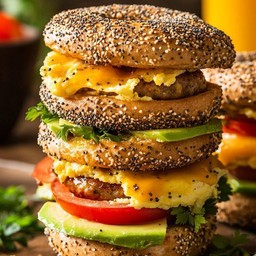 Scrambled egg avocado cream cheese bagel