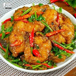 ผัดคื่นไช่เนื้อปลาราดข้าว