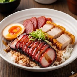 ข้าวหมูแดงหมูกรอบกุเชียงฟรีไข่