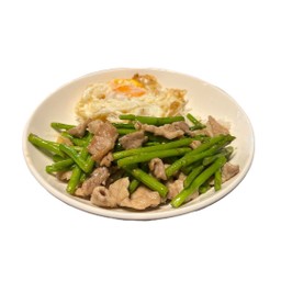 ผัดหน่อไม้ฝรั่งหมูชิ้นราดข้าว