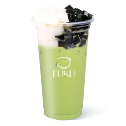 แบลคแอนด์ไวท์มัทฉะนมสด (ชาเขียวใส่พุดดิ้งนมสด+เฉาก๊วย)