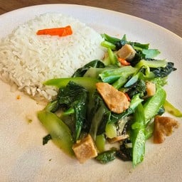 ข้าวราด ผักคะน้าและ ปลาเค็ม เจ