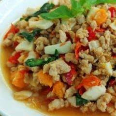 กะเพราหมูสับ+ไข่เค็ม ราดข้าว