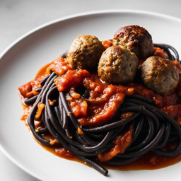 ฺBlack pasta with Spicy pork balls พาสต้าหมึกดำ+สไปซี่พอร์คบอล ซอส