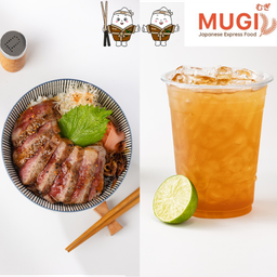 [Set มูกิอิ่มคู่น้ำ D] ข้าวหน้าสเต๊กเนื้อวากิว + เครื่องดื่ม 50 บาท