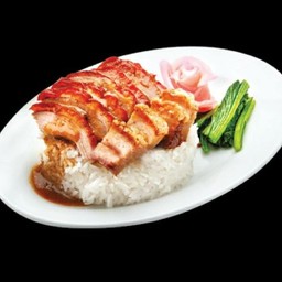 ข้าวเป็ดย่าง+หมูกรอบ(Roast duck rice + crispy pork)