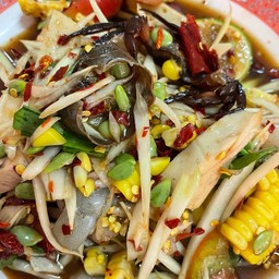 ตำข้าวโพดกุ้งสด+หมูยอ