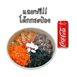 ข้าวหน้าแซลมอนดอง+กุ้งดอง(แถมฟรีโค้กกระป๋อง325ml)
