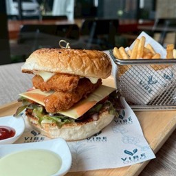 Vegan Spicy Mayo Chicken Burger with French Fries