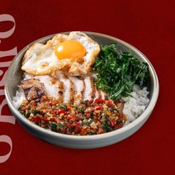 Grilled Pork Neck Kaprao with Rice and Crispy Fried Egg
