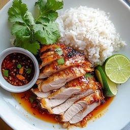 ข้าวไก่ย่่างน้ำจิ้มแจ่ว