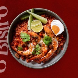 Spicy Shrimp Paste Fried Rice with Grilled Prawns