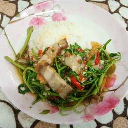 ผักกระเฉดหมูกรอบราดข้าว