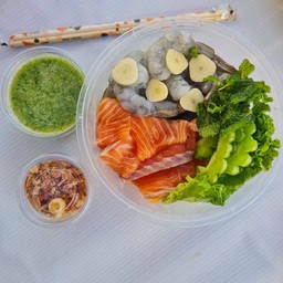 กุ้งแช่น้ำปลา+แซลม่อน+หอมเจียว