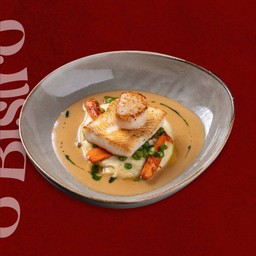 Atlantic Halibut with Hokkaido Scallop, Mashed Potatos, Roasted Baby Carrots, and Miso Sauce