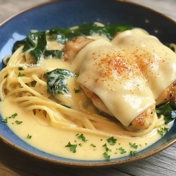 สปาเก็ตตี้ไก่ย่างชีสไวท์ซอสผักโขม