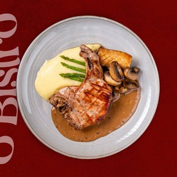 Pork Chop with Mashed Potatos, Seared Mushroom, and Mustard Sauce