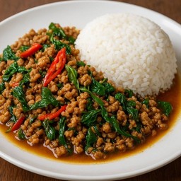 กะเพราหมูสับพ่นไฟ (ราดข้าว)