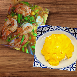 แกงส้มผักรวมกุ้งสด + ข้าว + ไข่ข้น