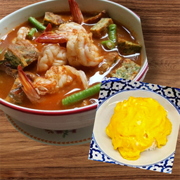 แกงส้มชะอมกุ้งสด + ข้าว + ไข่ข้น