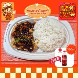 ข้าวไก่กรอบ ซอสกระเพรา (ฟรี เครื่ิิองดื่ม!)