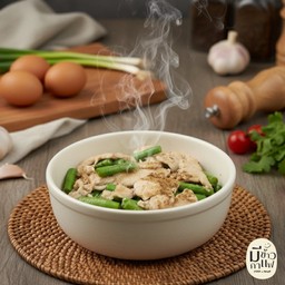 ข้าวหน้าถั่วฝักยาวผัดหวานอกไก่